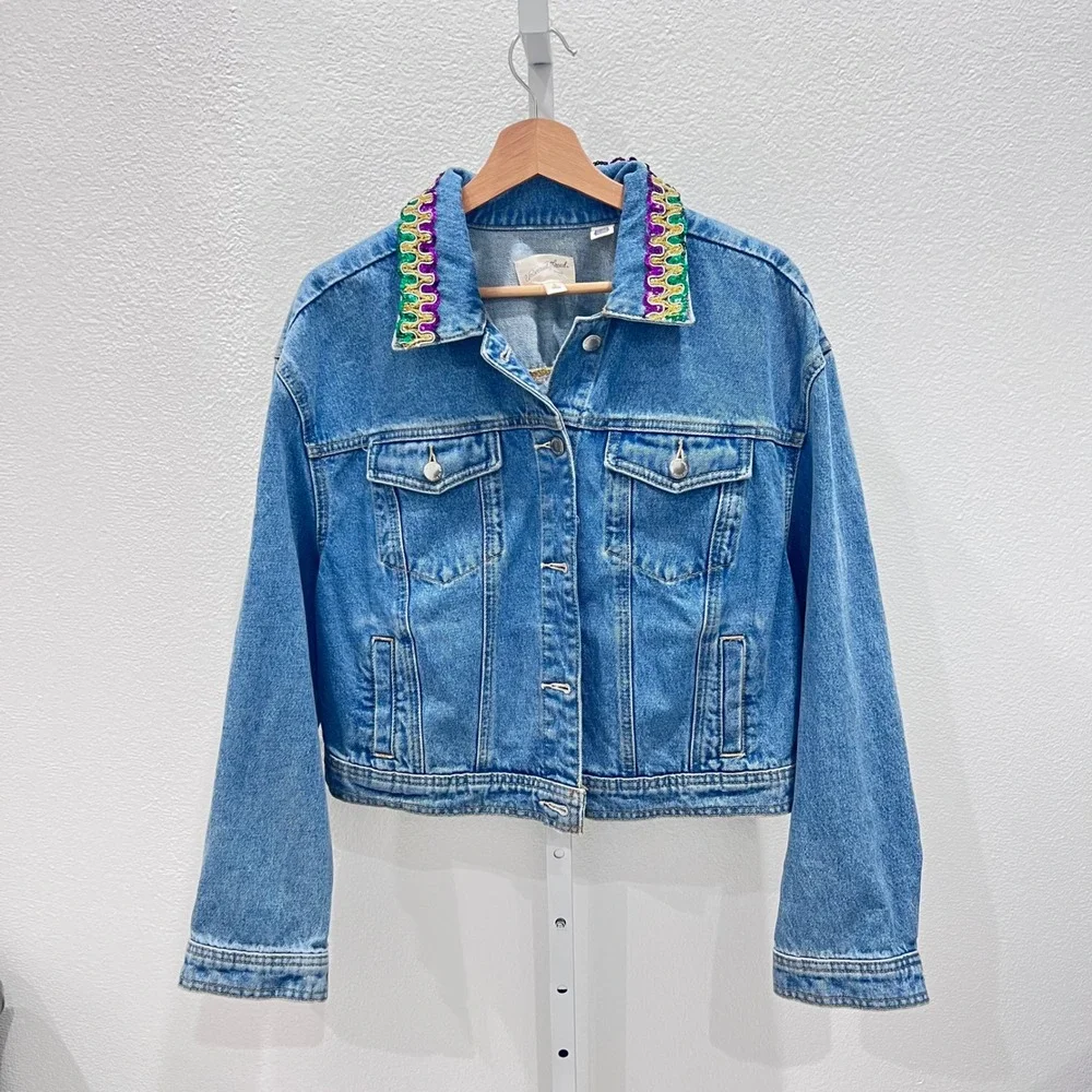Mardi Gras Festival Women Fringe DenimJacket XL Embellishment Rhinestone Sequin